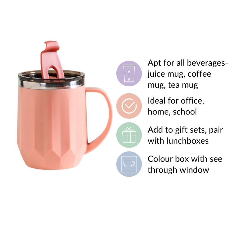 Portable Desk Coffee Mug Pink 400ml - Travel mug, travel coffee mug, coffee mug with lid, tea mug, insulated mug, portable coffee mug
