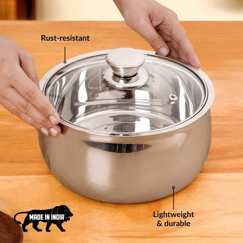 Stainless Steel Double Walled Casserole With Glass Lid 1000ml