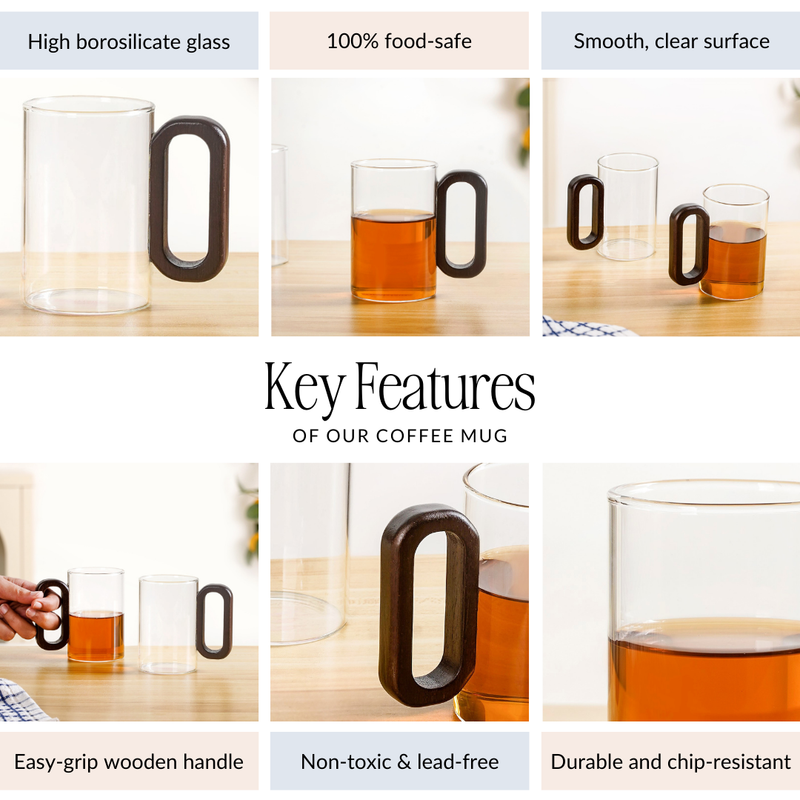 Japandi Tea Coffee Mug With Fusion Wooden Handle Set Of 2 300ml