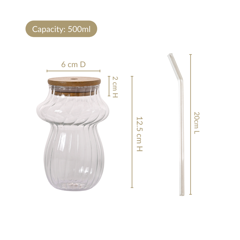 Mushroom Borosilicate Glass Tumbler Set Of 2 With Straw 500ml
