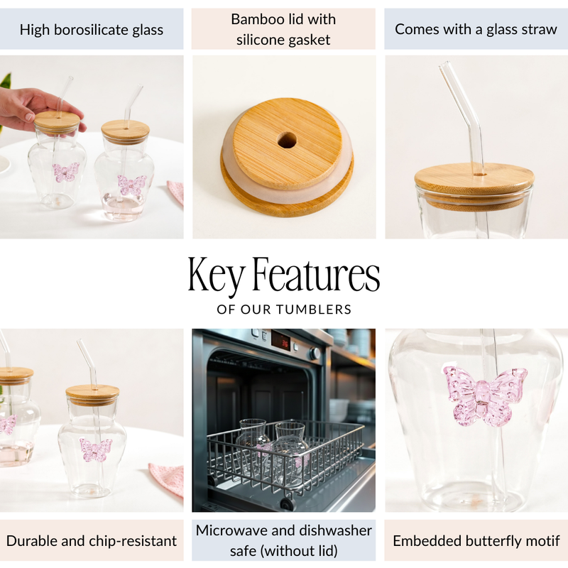 Butterfly Borosilicate Tumbler With Straw Set Of 2 500ml