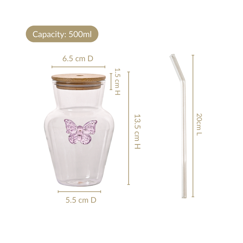 Butterfly Borosilicate Tumbler With Straw Set Of 2 500ml