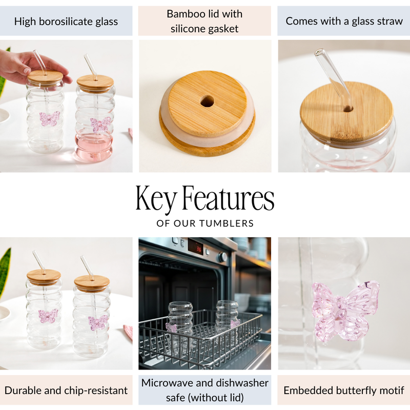 Butterfly Glass Tumbler With Straw Set Of 2 500ml