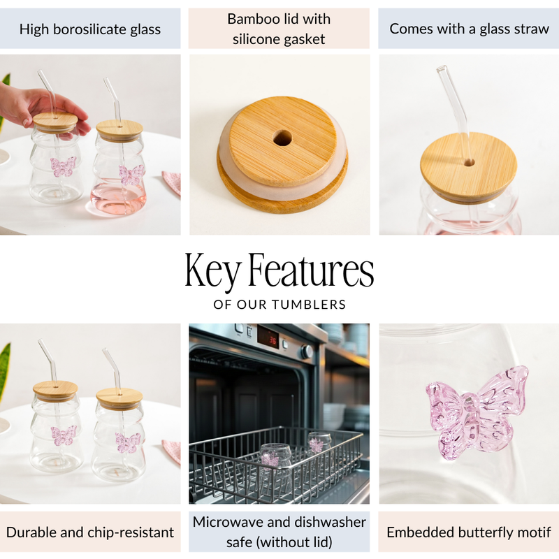 Girlie Butterfly Glass Tumbler With Straw Set Of 2 500ml