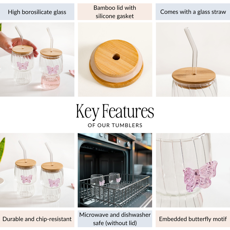 Butterfly Flutter Borosilicate Tumbler With Straw Set Of 2 500ml