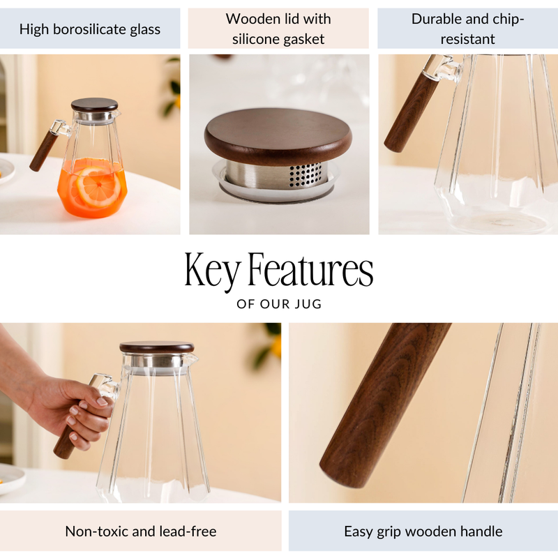 Geometric Borosilicate Glass Jug With Wooden Handle 1800ml