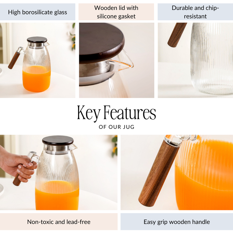 Heat Safe Borosilicate Glass Jug With Wooden Grip 2200ml