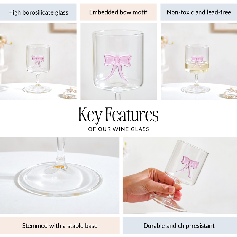 Crystal Pink Bow Borosilicate Wine Glass 250ml