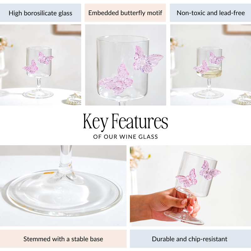Pink 3D Butterfly Borosilicate Wine Glass 250ml