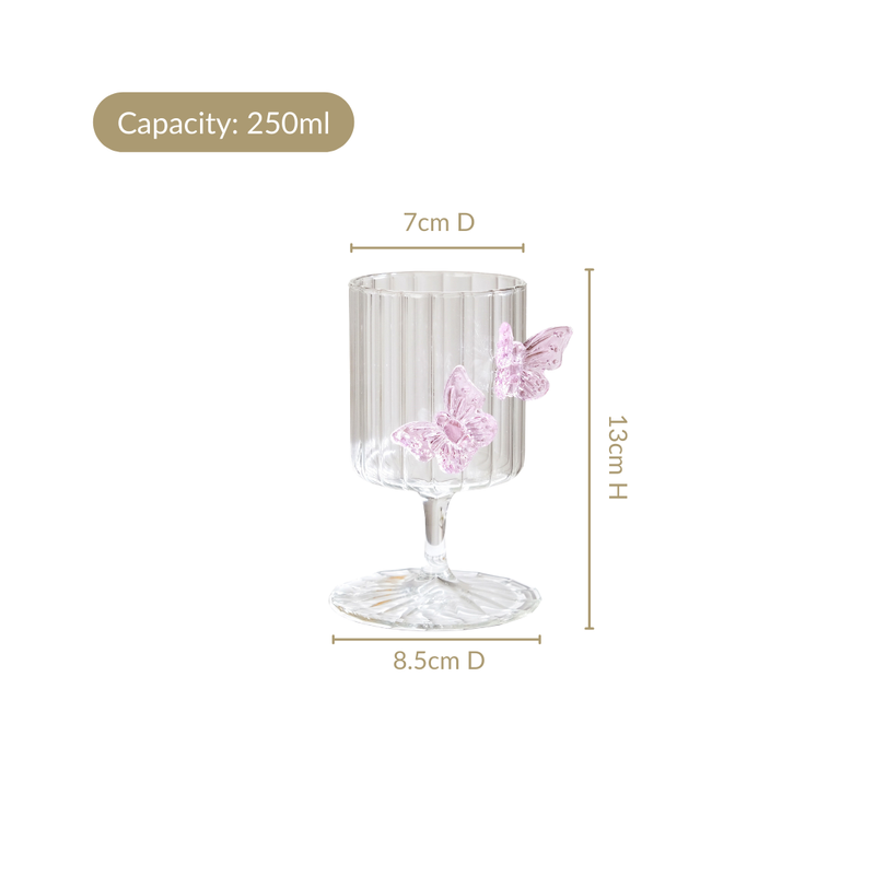3D Pink Butterfly Ribbed Wine Glass 250ml