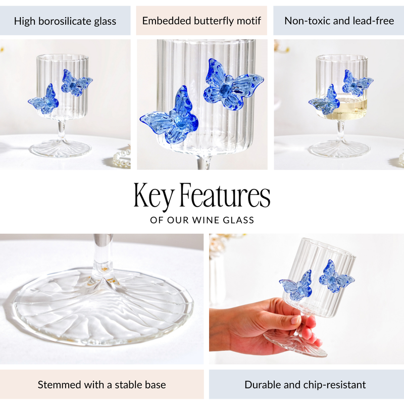 3D Butterfly Detailing Ribbed Wine Glass Blue 250ml