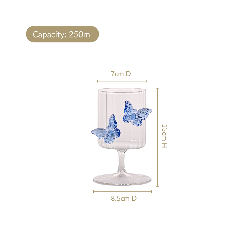 3D Butterfly Detailing Ribbed Wine Glass Blue 250ml