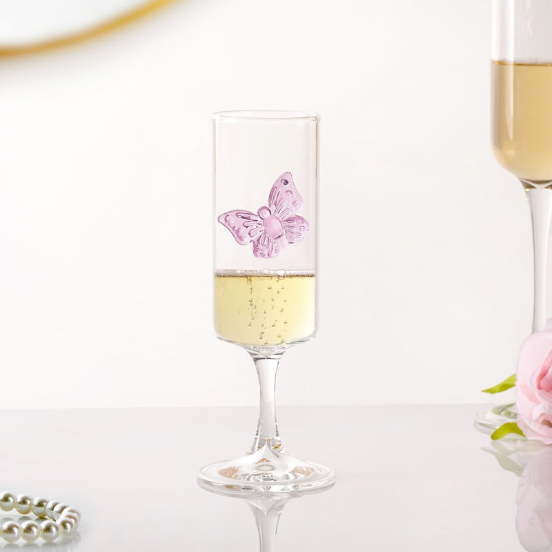 3D Pink Butterfly Stem Glass 190ml