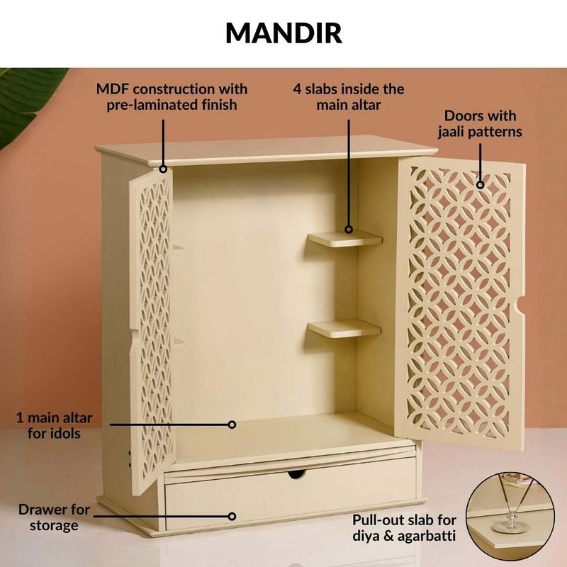 Sacred Pooja Mandir Large With Puja Thali Aasan And Ghanti