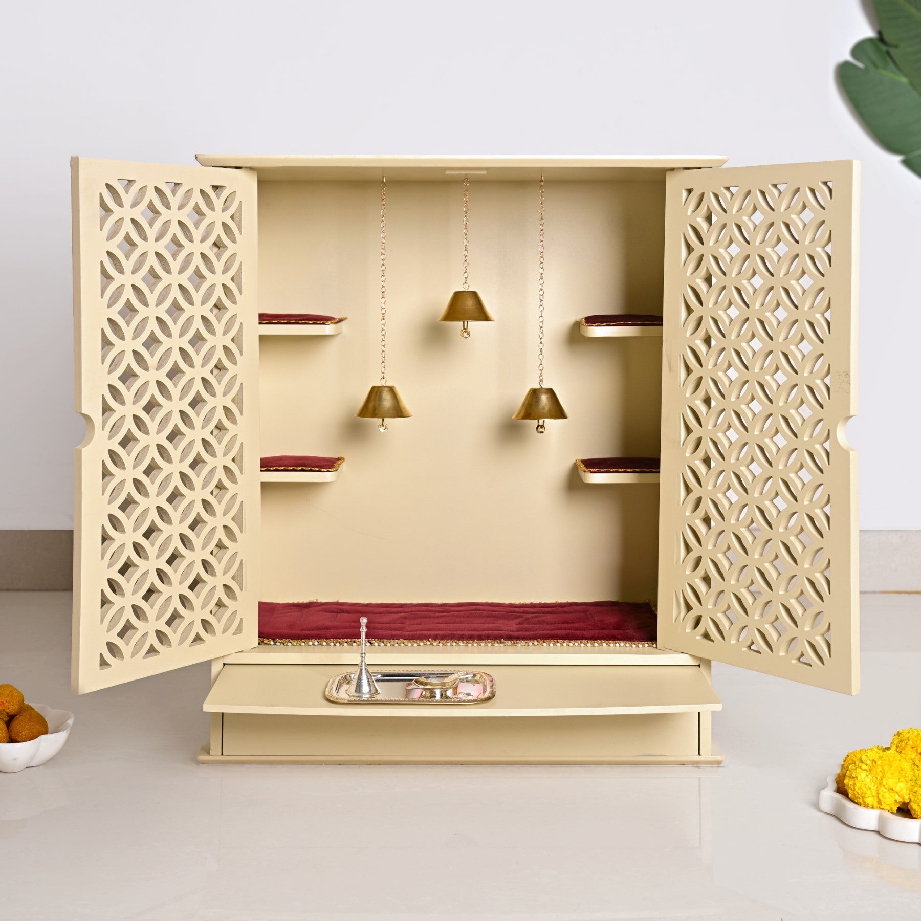 Sacred Pooja Mandir Large With Puja Thali Aasan And Ghanti