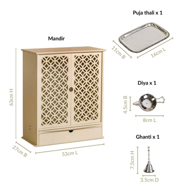Sacred Pooja Mandir Large With Puja Thali Aasan And Ghanti