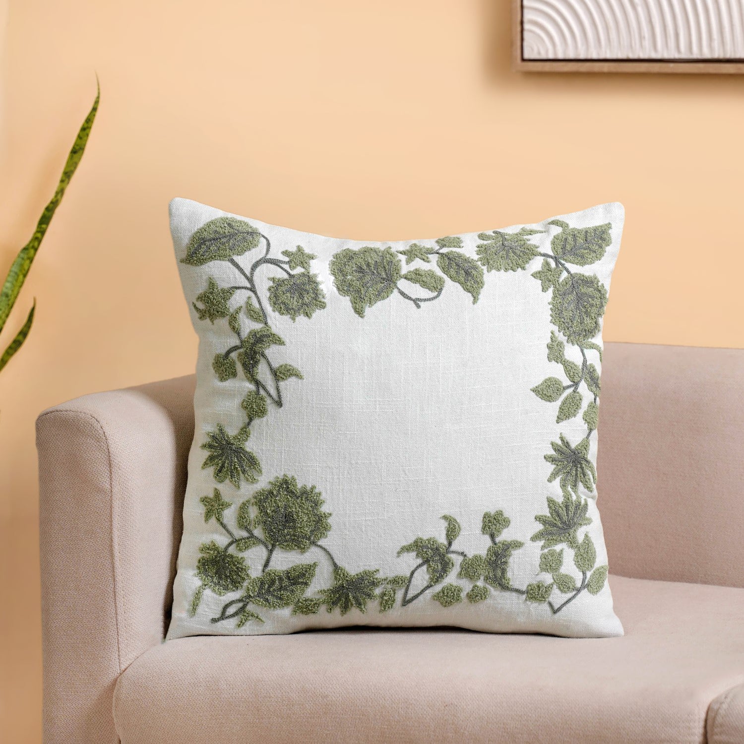 Sage Bloom Cotton Canvas Embroidered Cushion Cover 40x40cm