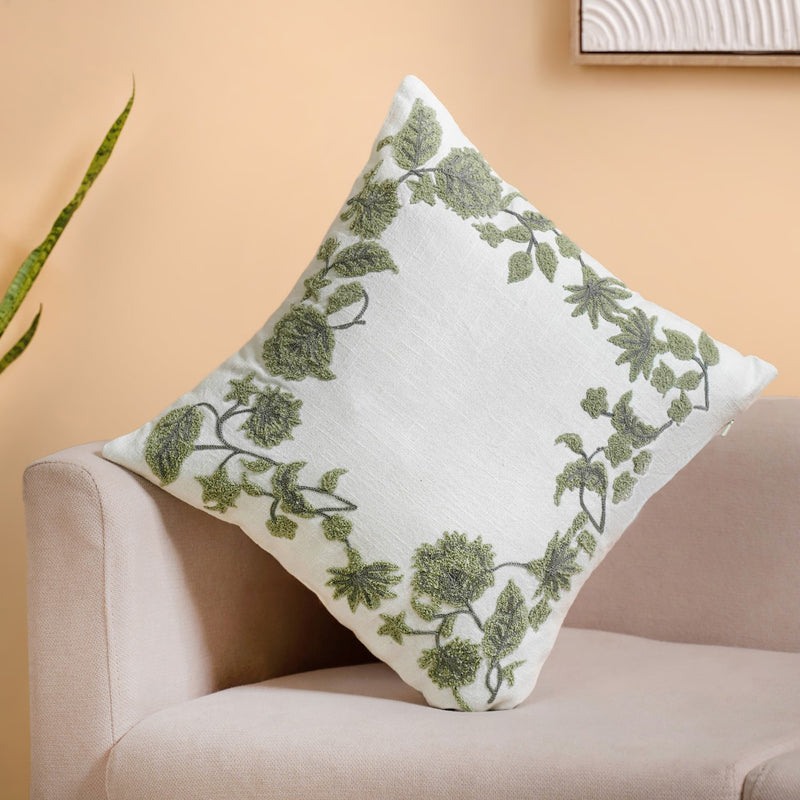 Sage Bloom Cotton Canvas Cushion Cover