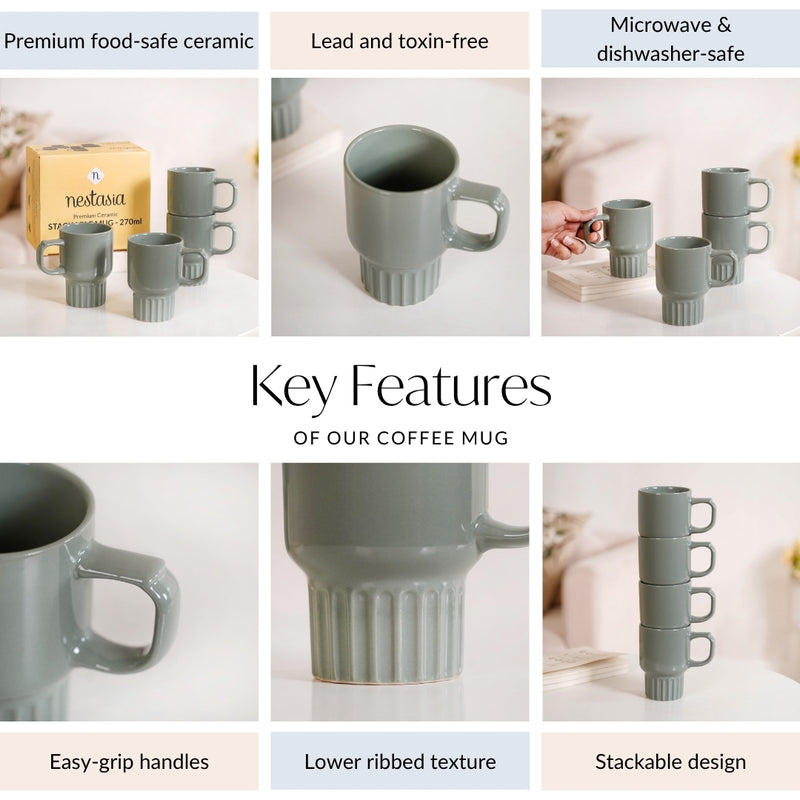 Sage Green Ceramic Stackable Mug Set Of 4 270ml