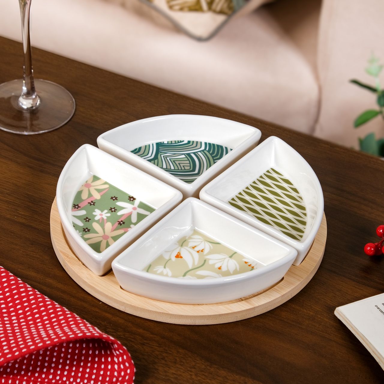 Sage Scape Sectioned Platter With Wooden Tray Set Of 5
