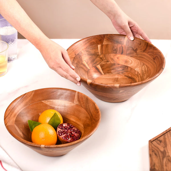 Set Of 2 Earthy Acacia Wood Salad Bowl