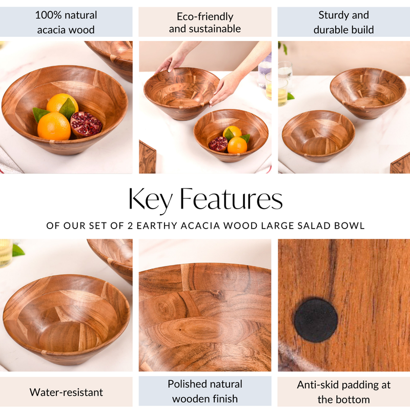 Set Of 2 Earthy Acacia Wood Large Salad Bowl