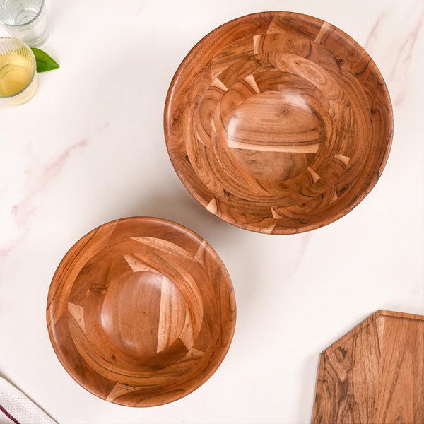 Set Of 2 Earthy Acacia Wood Salad Bowl