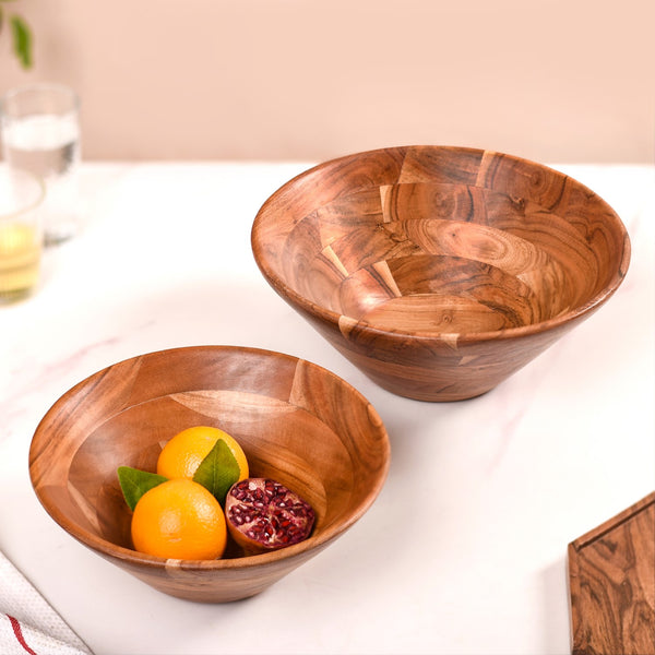 Set Of 2 Earthy Acacia Wood Salad Bowl