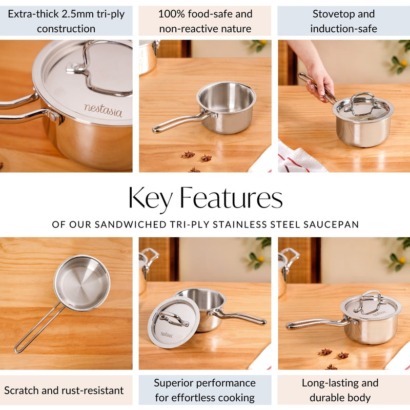 Sandwiched Tri Ply Stainless Steel Saucepan 1100ml