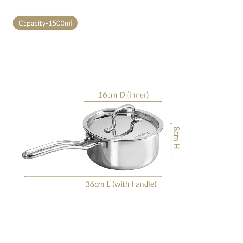 Sandwiched Tri Ply Stainless Steel Saucepan 1500ml