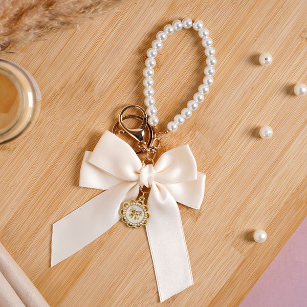 Satin Bow Keychain With Pearl Dangler