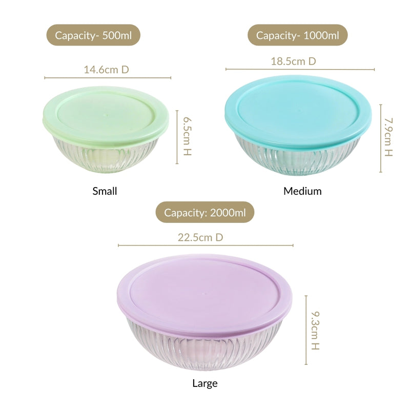 Sealpro Fluted Glass Mixing Bowls With Lids Set Of 3