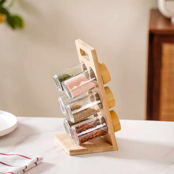 Set Of 6 Airtight Seasoning Jars With Wooden Stand 100ml