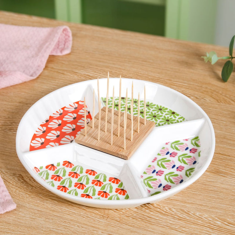 Flower Power Ceramic Section Plate With Toothpick Set 23cm