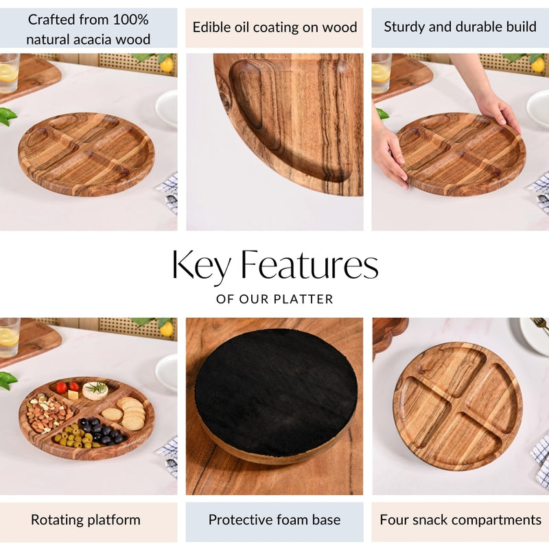 Sectioned Acacia Wood Lazy Susan Platter