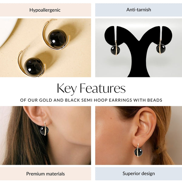 Gold And Black Semi Hoop Earrings With Beads