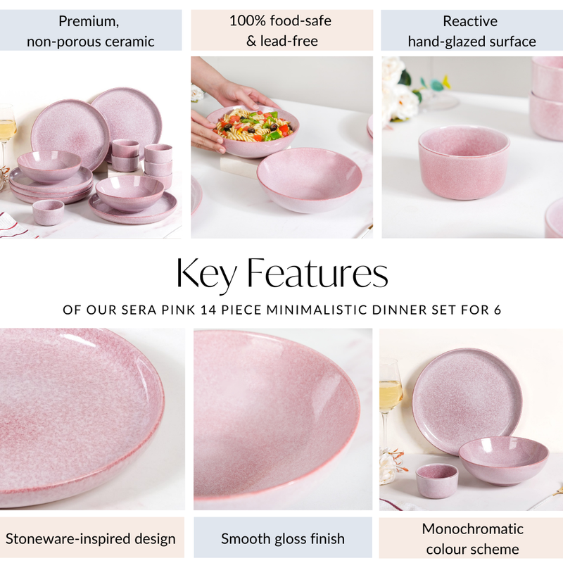Sera Pink 14 Piece Minimalistic Dinner Set For 6
