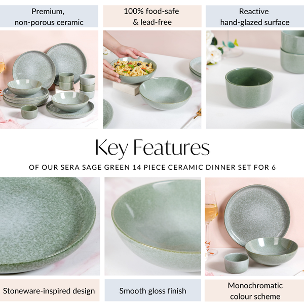 Sera Sage Green 14 Piece Ceramic Dinner Set For 6