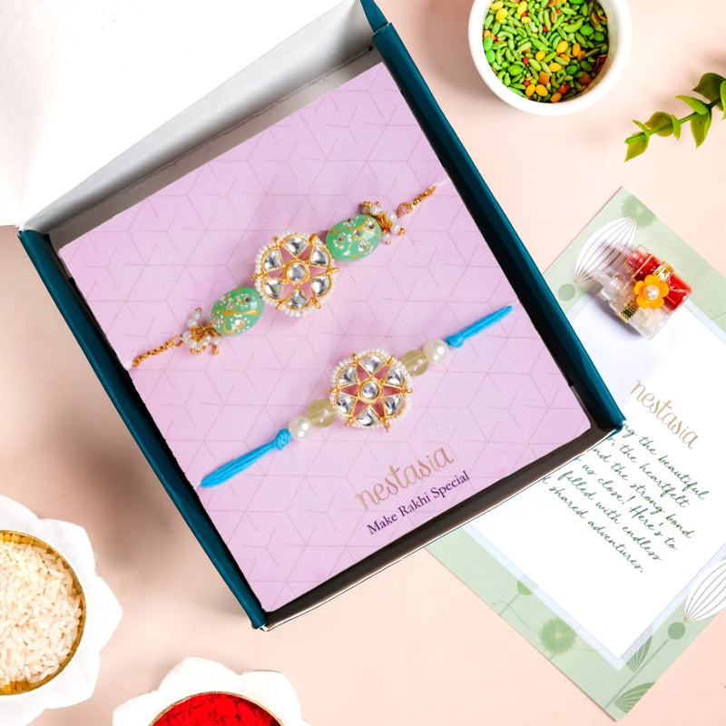 Serene Kundan Blue Rakhi Bracelet Gift Set