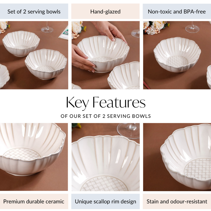 Moroccan Motif Serving Bowl Stoneware Ivory Set Of 2 1200ml - Serving bowl, serving bowl set, ceramic serving bowls, big serving bowls