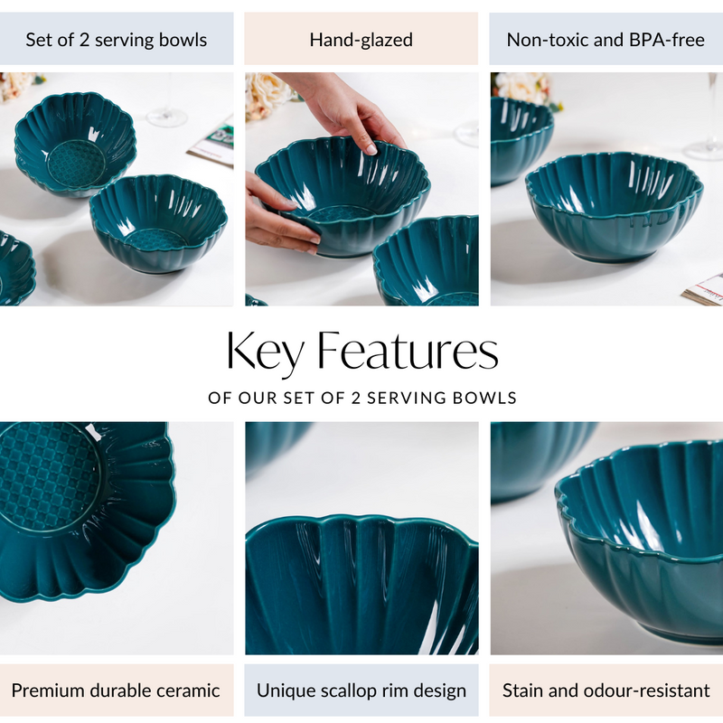 Moroccan Round Ceramic Serving Bowl Dark Green Set Of 2 1200ml - Serving bowl, serving bowl set, ceramic serving bowls, pasta bowl, large serving bowl