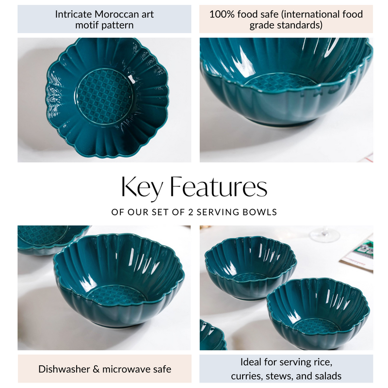 Moroccan Round Ceramic Serving Bowl Dark Green Set Of 2 1200ml - Serving bowl, serving bowl set, ceramic serving bowls, pasta bowl, large serving bowl