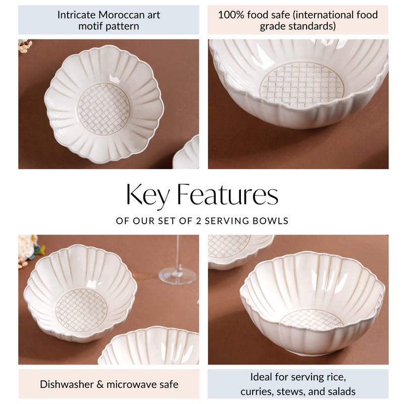 Moroccan Motif Serving Bowl Stoneware Ivory Set Of 2 1200ml - Serving bowl, serving bowl set, ceramic serving bowls, big serving bowls