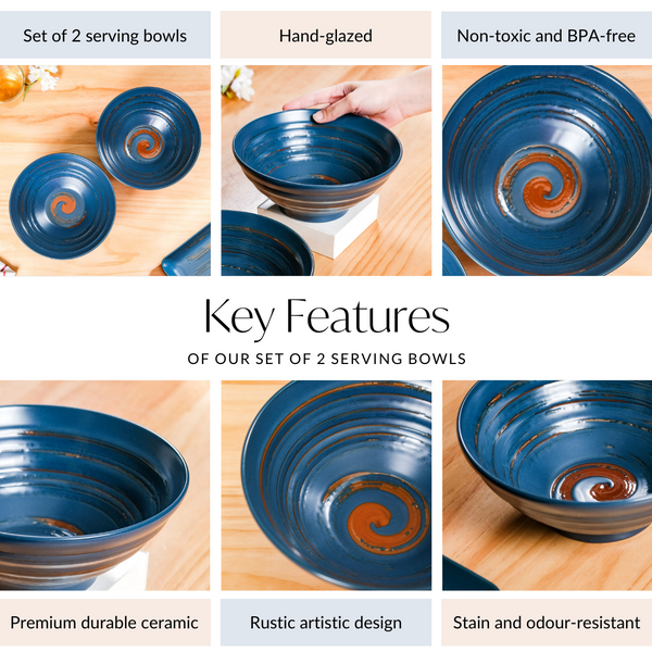 Stoneware Ceramic Serving Bowl Navy Blue Set Of 2 1200ml