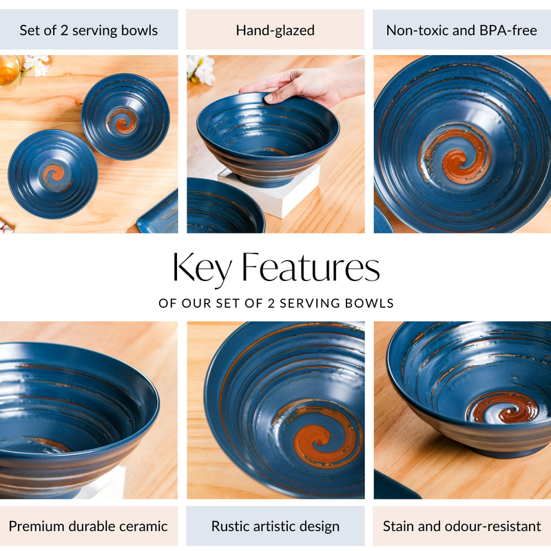 Stoneware Ceramic Serving Bowl Navy Blue Set Of 2 1200ml - Serving bowls, blue bowls, ceramic bowls, large bowls