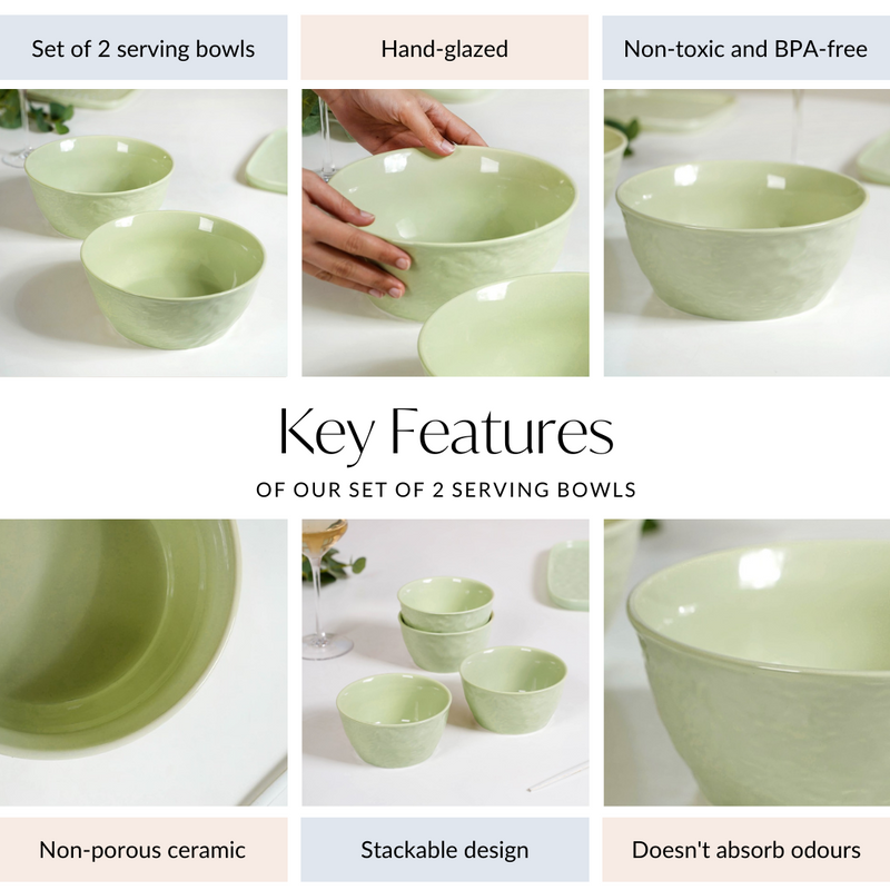Pebble Textured Serving Bowl Sage Green Set Of 2 1900ml - Serving bowls, ceramic serving bowls, serving bowls set, snack bowls