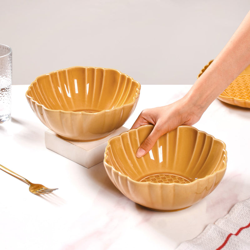 Yellow Ochre Serving Bowl Set Of 2 1200ml - Serving bowls, ceramic bowls, large bowls, round bowls, microwave safe bowls
