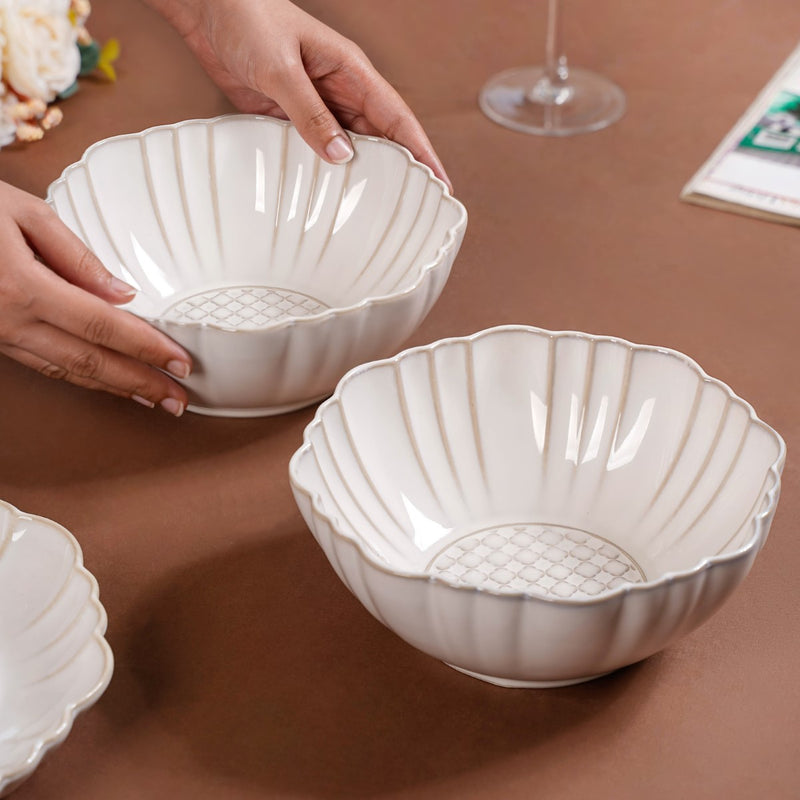 Moroccan Motif Serving Bowl Stoneware Ivory Set Of 2 1200ml - Serving bowl, serving bowl set, ceramic serving bowls, big serving bowls