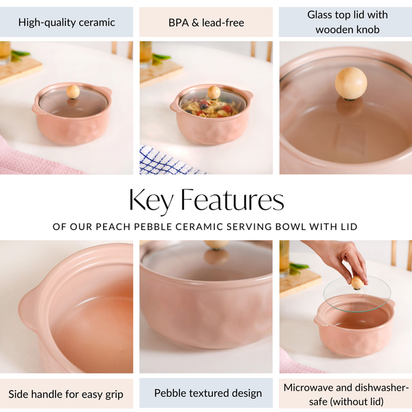 Peach Pebble Ceramic Serving Bowl With Lid 950ml