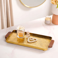 Large Daisy Embossed Metal Tray With Mango Wood Handles